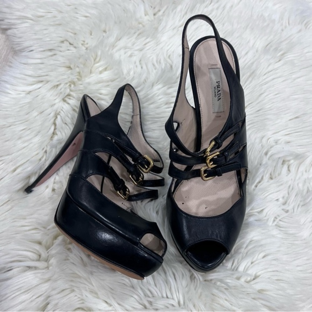 Prada Black Peep-Toe Slingback Heels with Gold Buckles